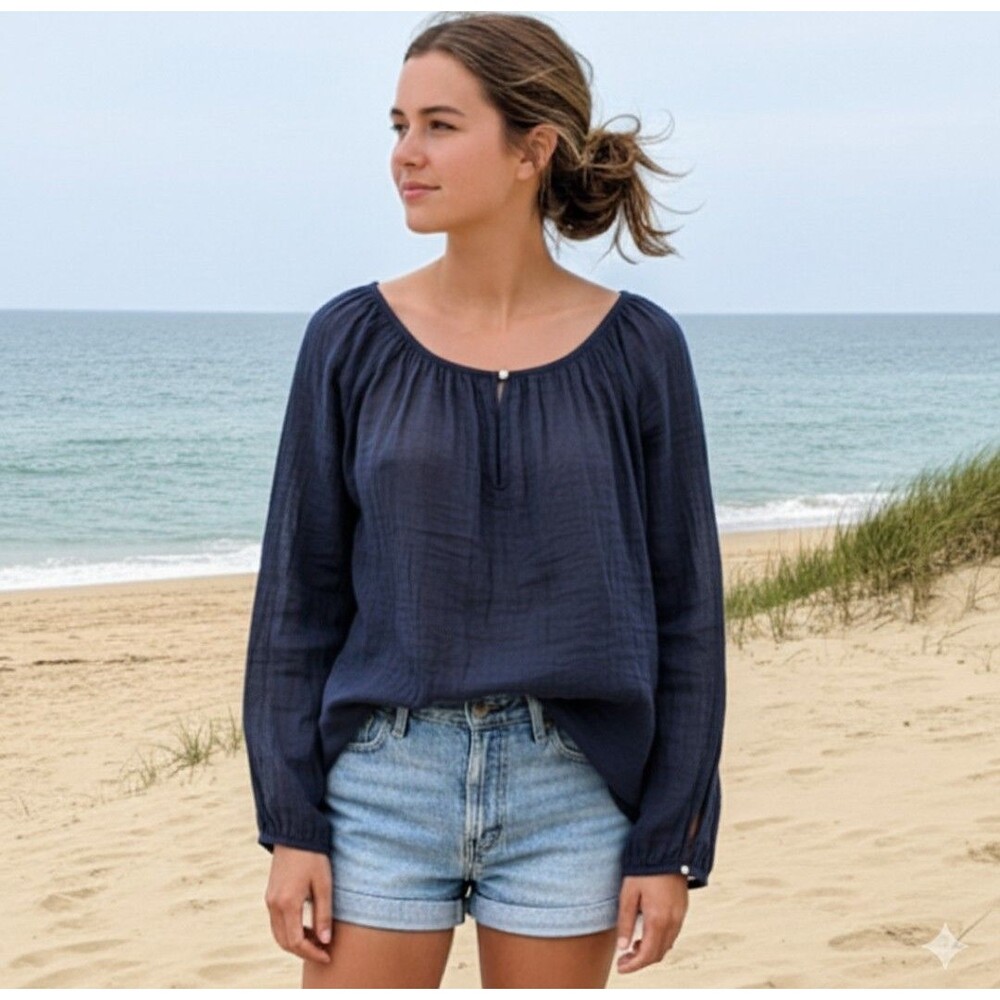 J Crew Size S Blouse Gauzy Navy Blue Tunic Button Relaxed Casual Coastal Preppy